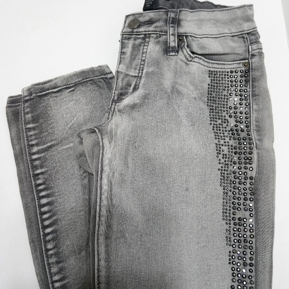 BEBE Skinny Fit Jeans Gray Wash Rhinestones Sz 24